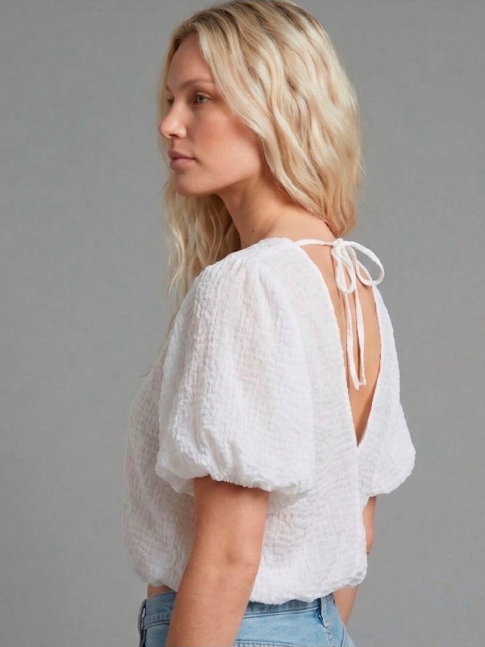 Astr White Textured Puff Sleeve Tie-Back Top